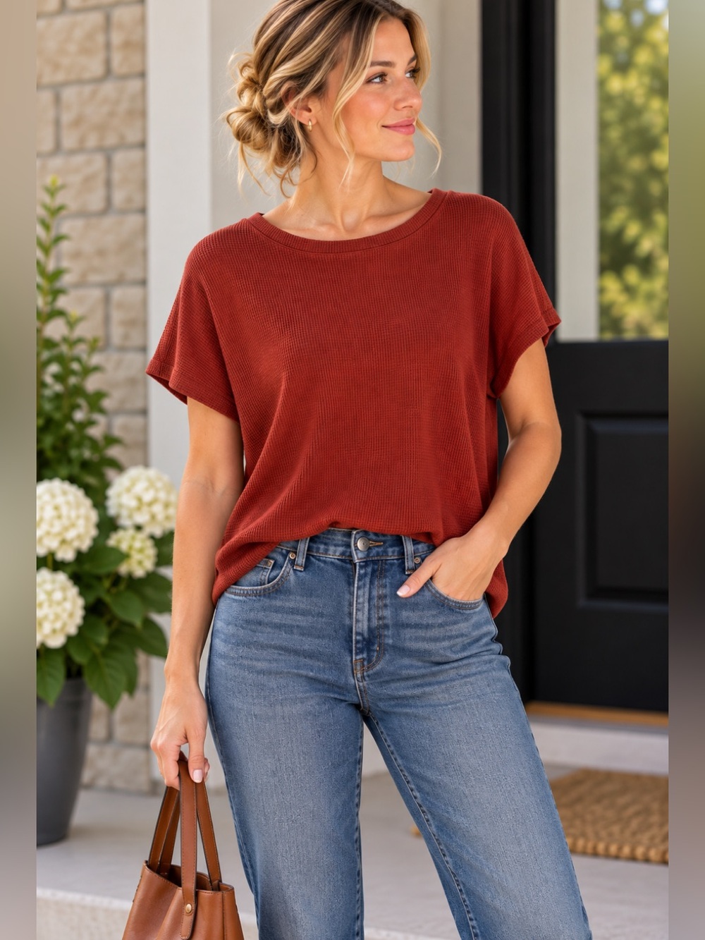 MEROKEETY Burnt Orange Waffle Knit Relaxed Short Sleeve Top Size M